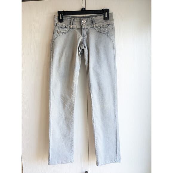 Vintage Y2K Dolce Donna Juniors Sz 5 Low Rise Light Wash Rhinestone Blue Jeans - Picture 1 of 7
